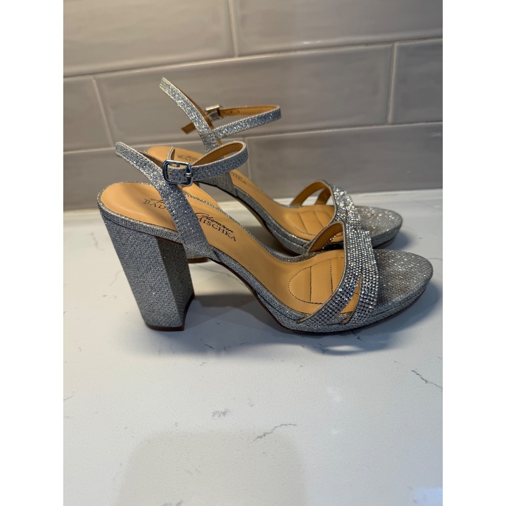 American Glamour Badgley Mischka Silver Glitter Rhinestone Block Heel 7.5